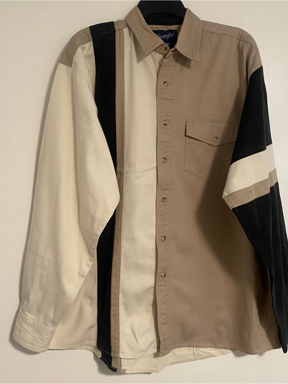 VTG Wrangler Western Snap Button Down Shirt Mens L Colorblock Brown/Black Stripe